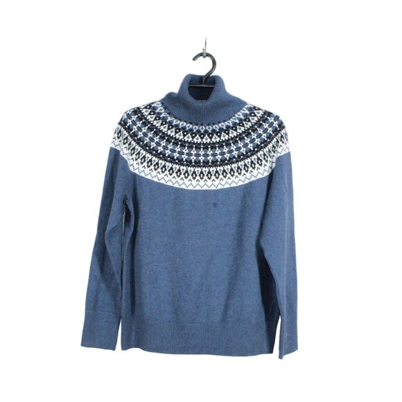 LL Bean Cotton Cashmere Sweater Turtleneck Fair Isle Navy Size S Pet - Picture 1 of 11